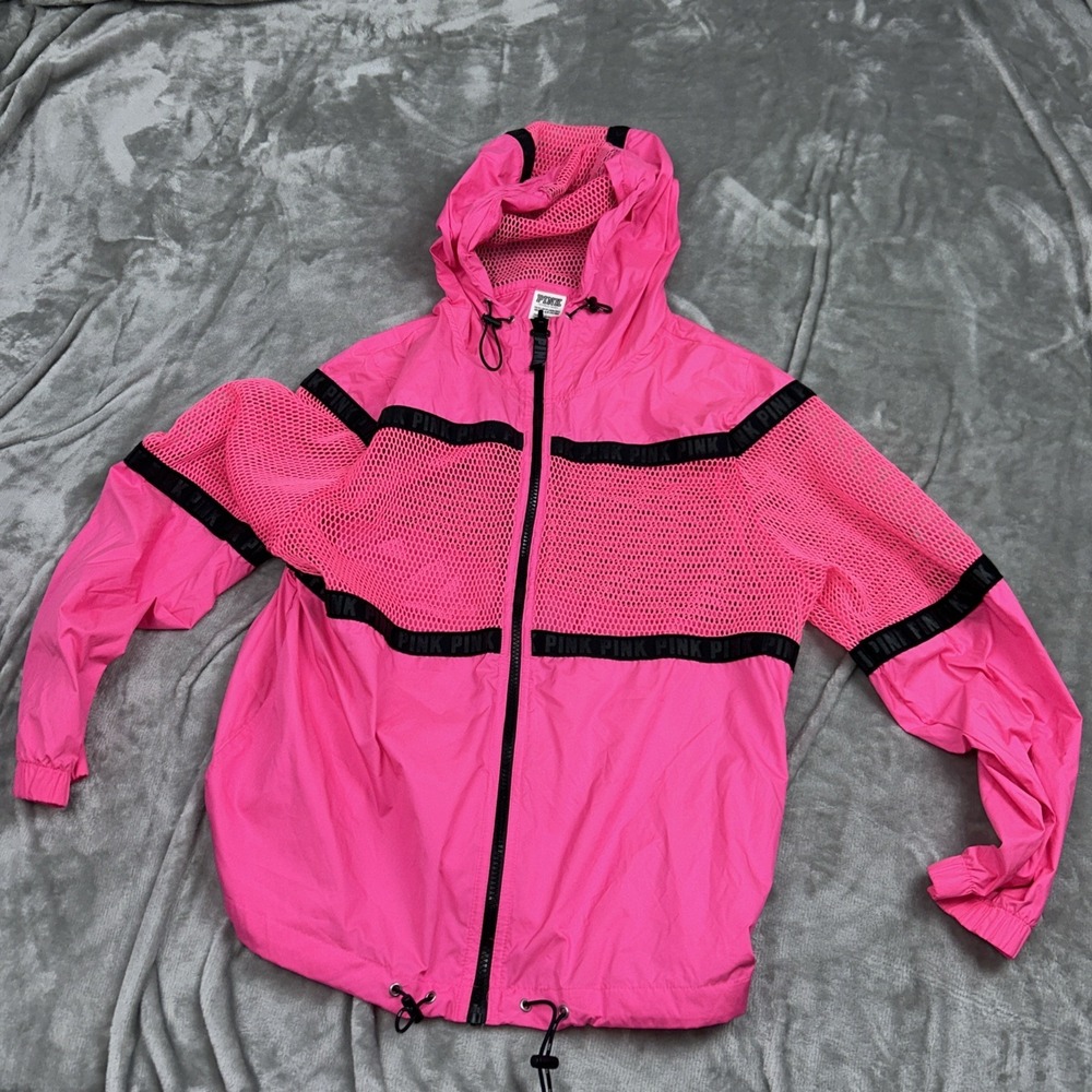 Victoria's Secret Pink Campus Full Zip Mesh Hoodie Jacket Pink Size XS Oversized